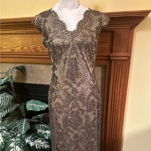 Dazzling Taupe Evening Gown with Copper Sequins.